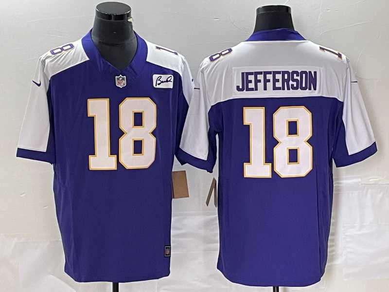 Men%27s Minnesota Vikings #18 Justin Jefferson Purple 2023 FUSE Bud Grant Patch Limited Stitched Jersey->new england patriots->NFL Jersey